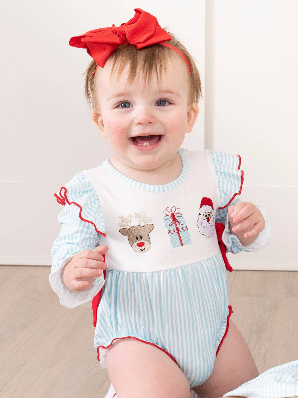 Blue Reindeer Santa Ruffle Bubble Romper