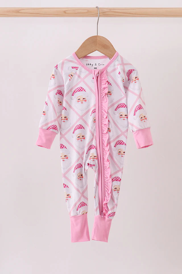 Pink Santa Claus Bamboo Ruffle Zipper Romper