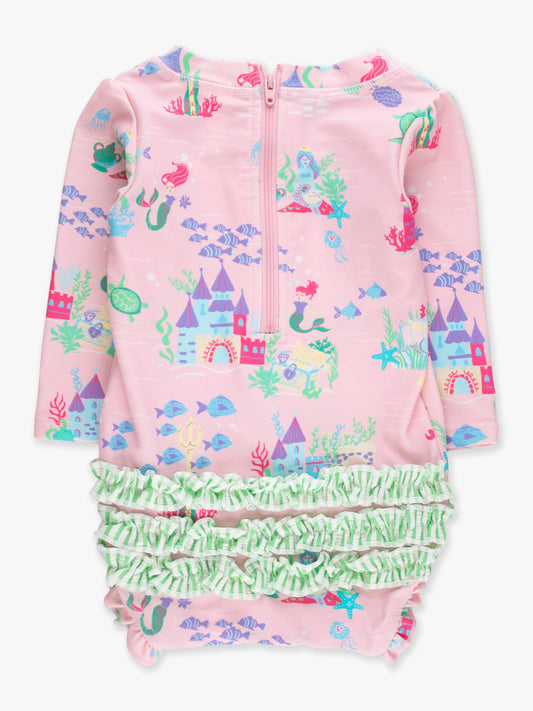 Baby Girls Atlantis Mermaids Long Sleeve One Piece Rash Guard Swimsuit with Signature Rear Ruffles