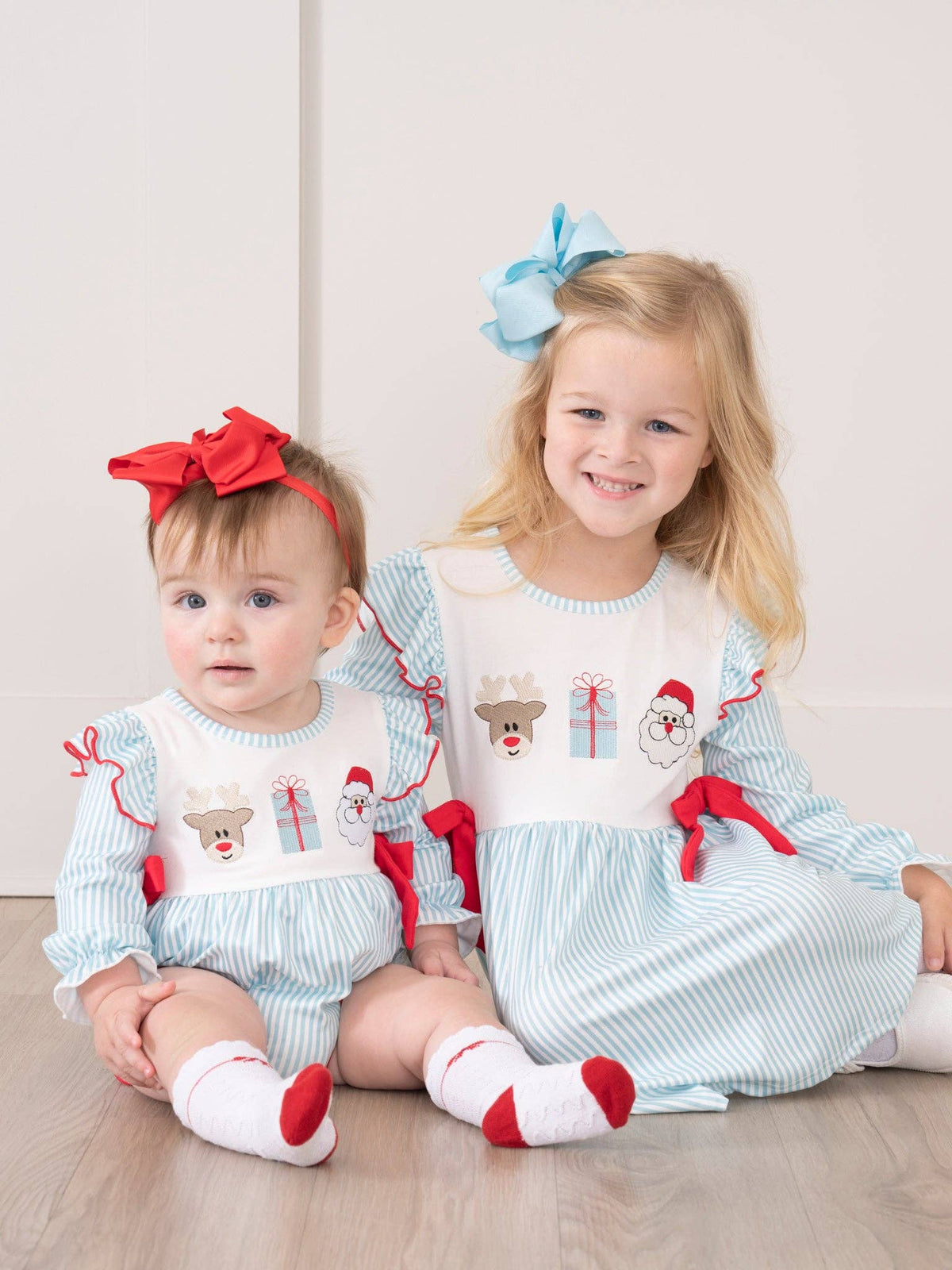 Blue Reindeer Santa Ruffle Bubble Romper
