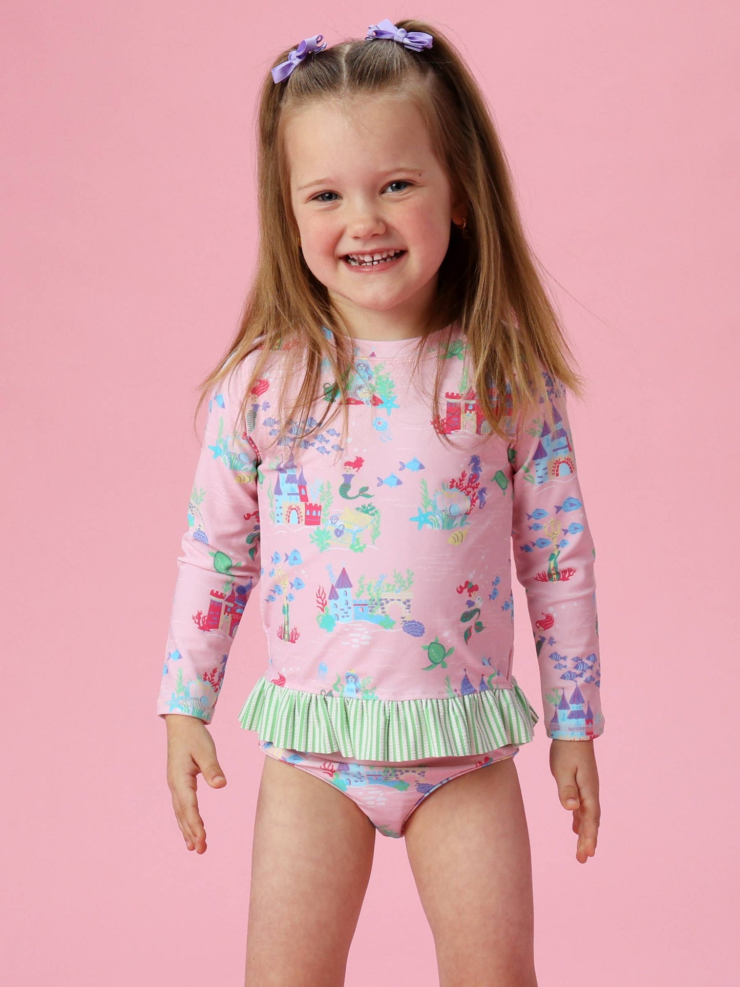 Girls Atlantis Mermaids Long Sleeve Rash Guard 2-Piece Swimsuit with Signature Rear Ruffles