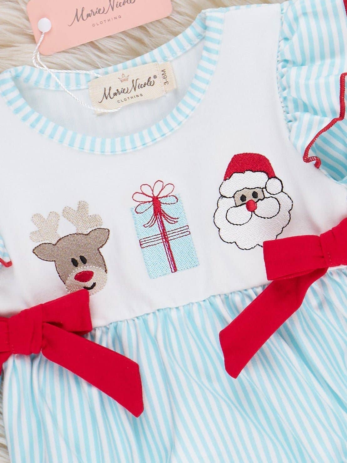 Blue Reindeer Santa Ruffle Bubble Romper