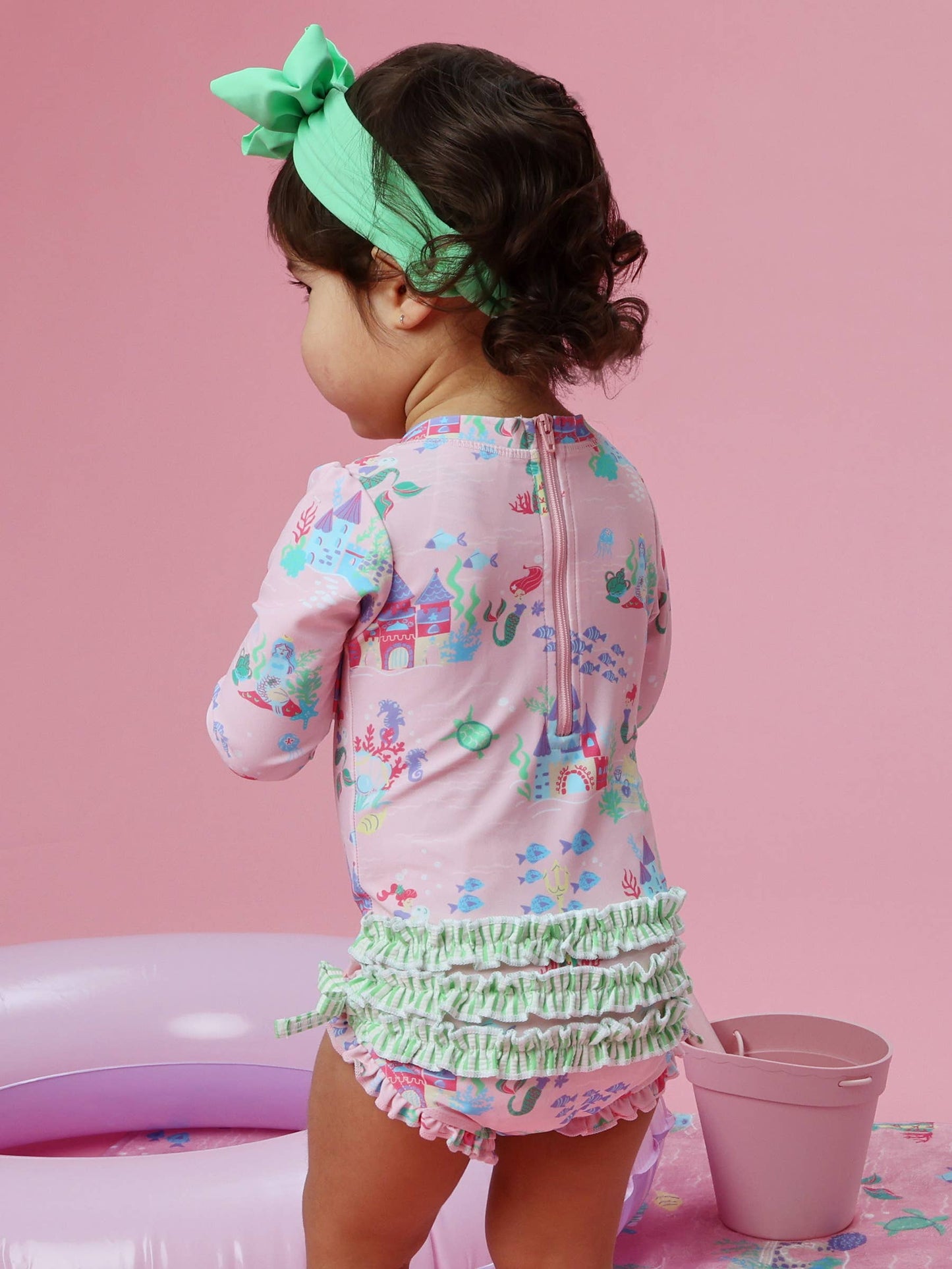 Baby Girls Atlantis Mermaids Long Sleeve One Piece Rash Guard Swimsuit with Signature Rear Ruffles