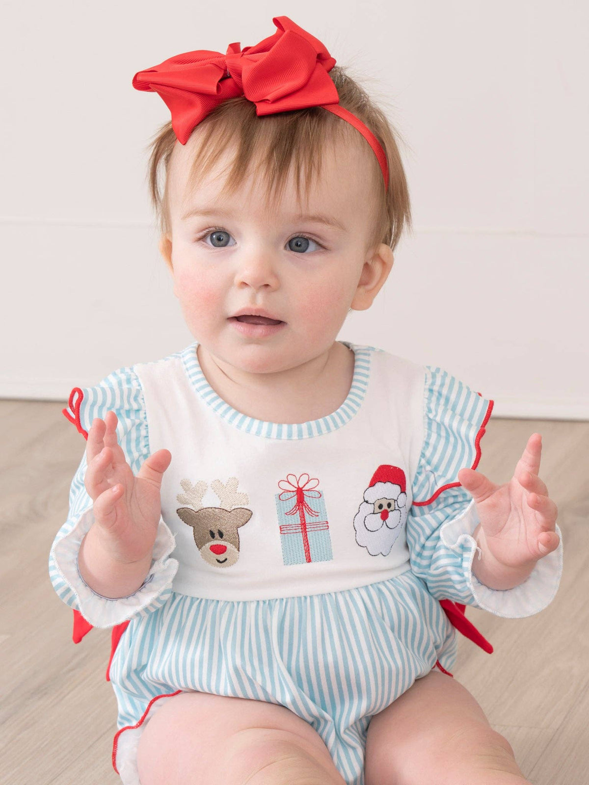 Blue Reindeer Santa Ruffle Bubble Romper