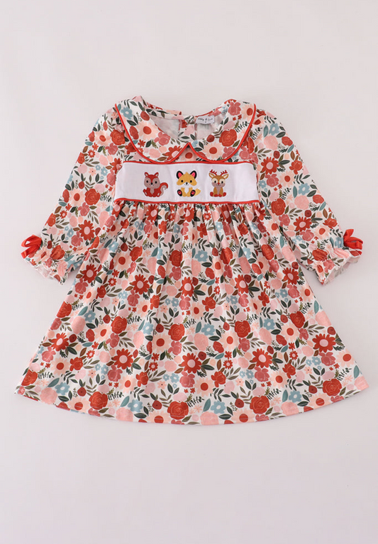 Fox Embroidered Floral Print Dress