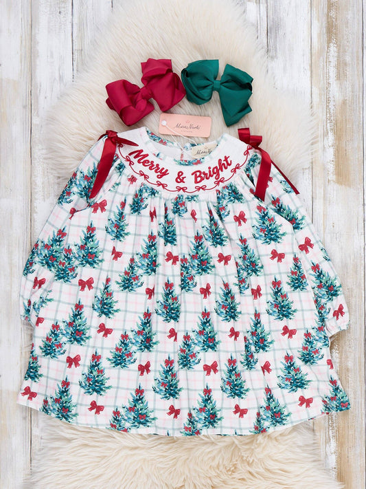 "Merry & Bright" Christmas Tree Smocked Dress