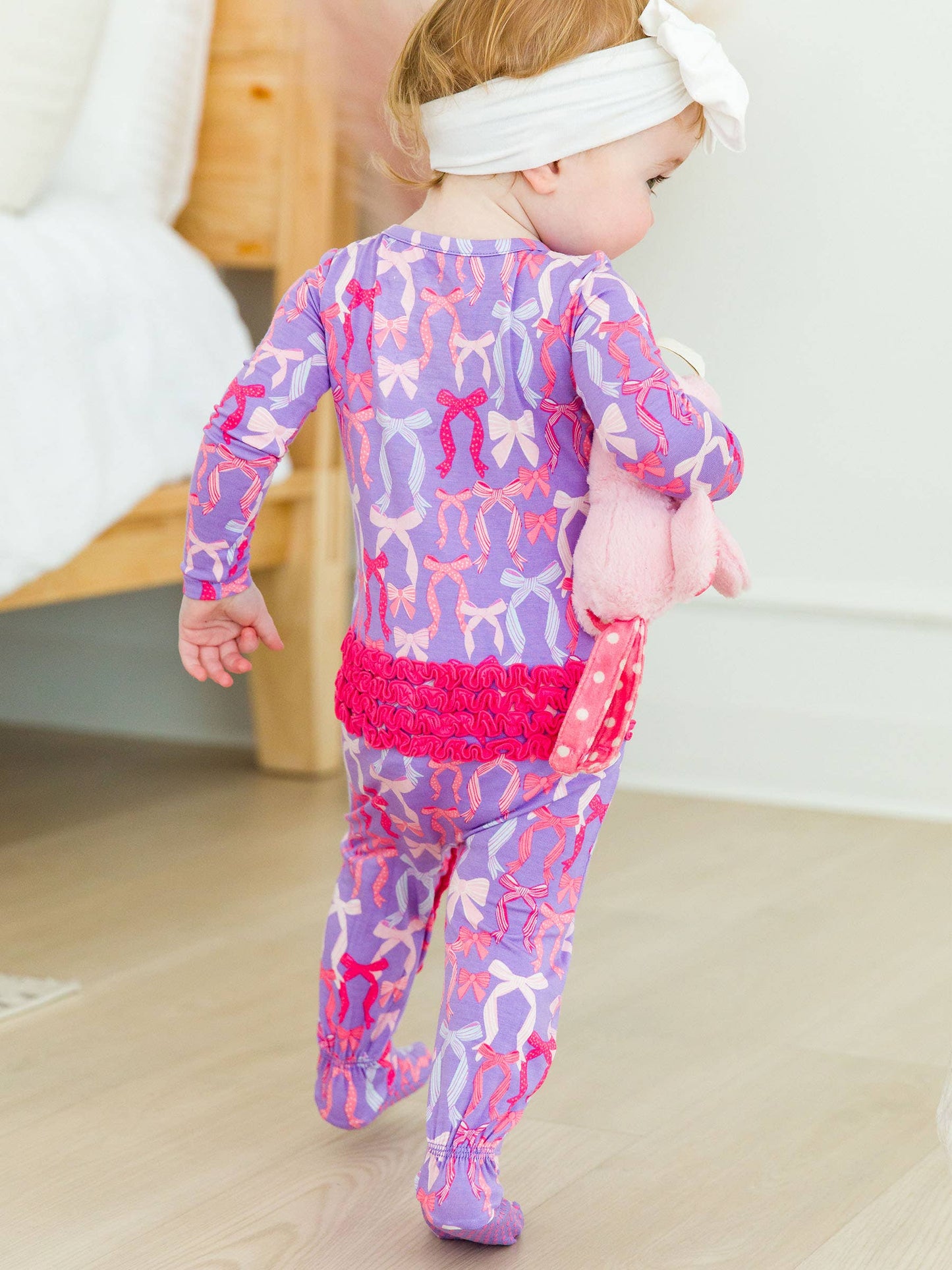 SoftSnooze™ Baby Girls Bamboo Viscose Rosy Ribbons Footed Ruffle One Piece Pajama