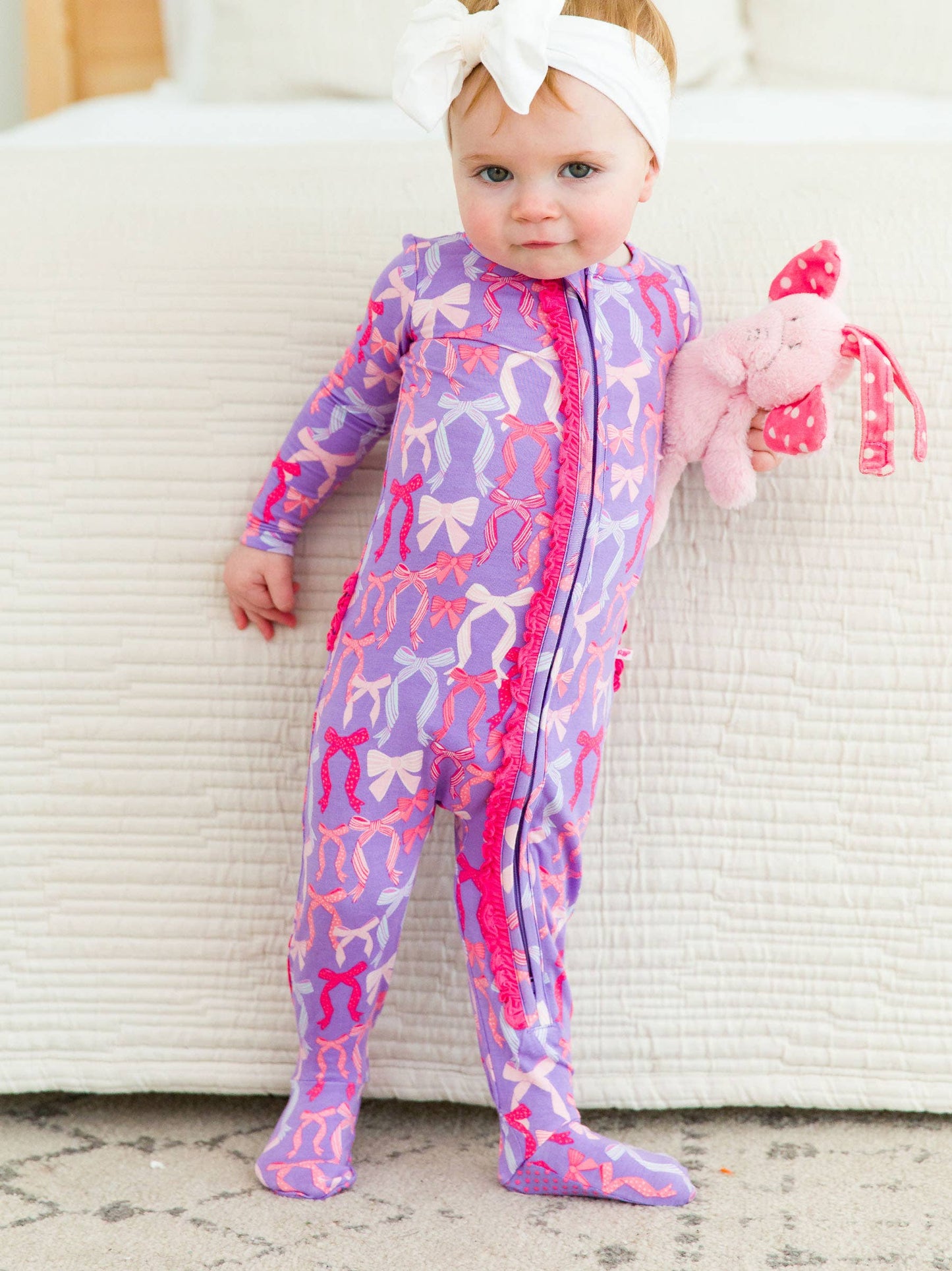 SoftSnooze™ Baby Girls Bamboo Viscose Rosy Ribbons Footed Ruffle One Piece Pajama