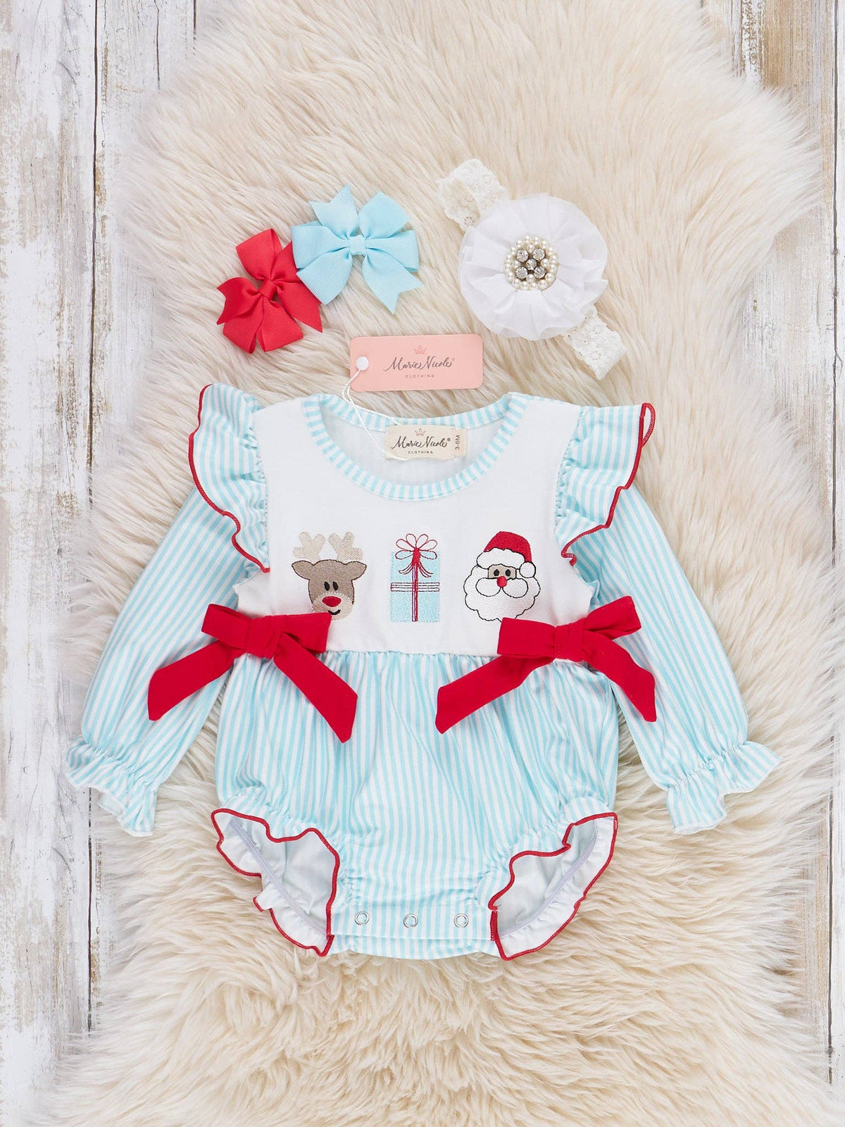 Blue Reindeer Santa Ruffle Bubble Romper