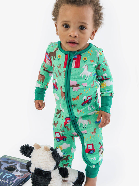 SoftSnooze™ Baby Bamboo Viscose Farm Friends Convertible One Piece Footie Pajama