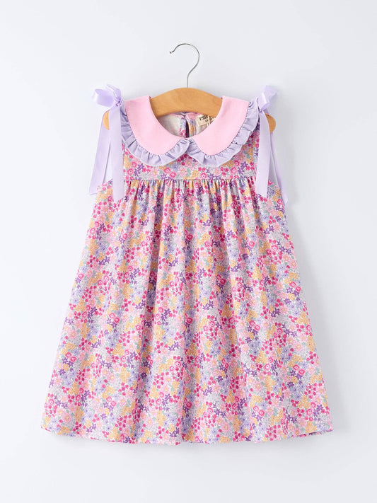 Purple Floral Bow Ruffle Dress