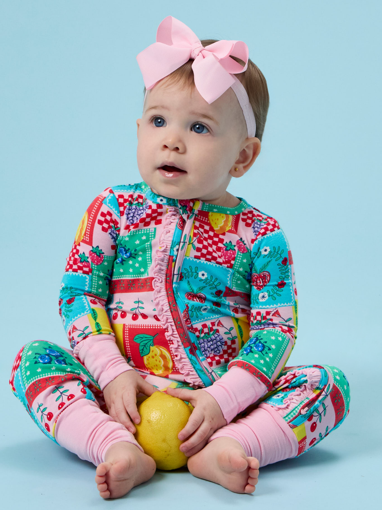 SoftSnooze™ Baby Girls Bamboo Viscose Picnic Party Patchwork Convertible Ruffle One Piece Footie Pajama