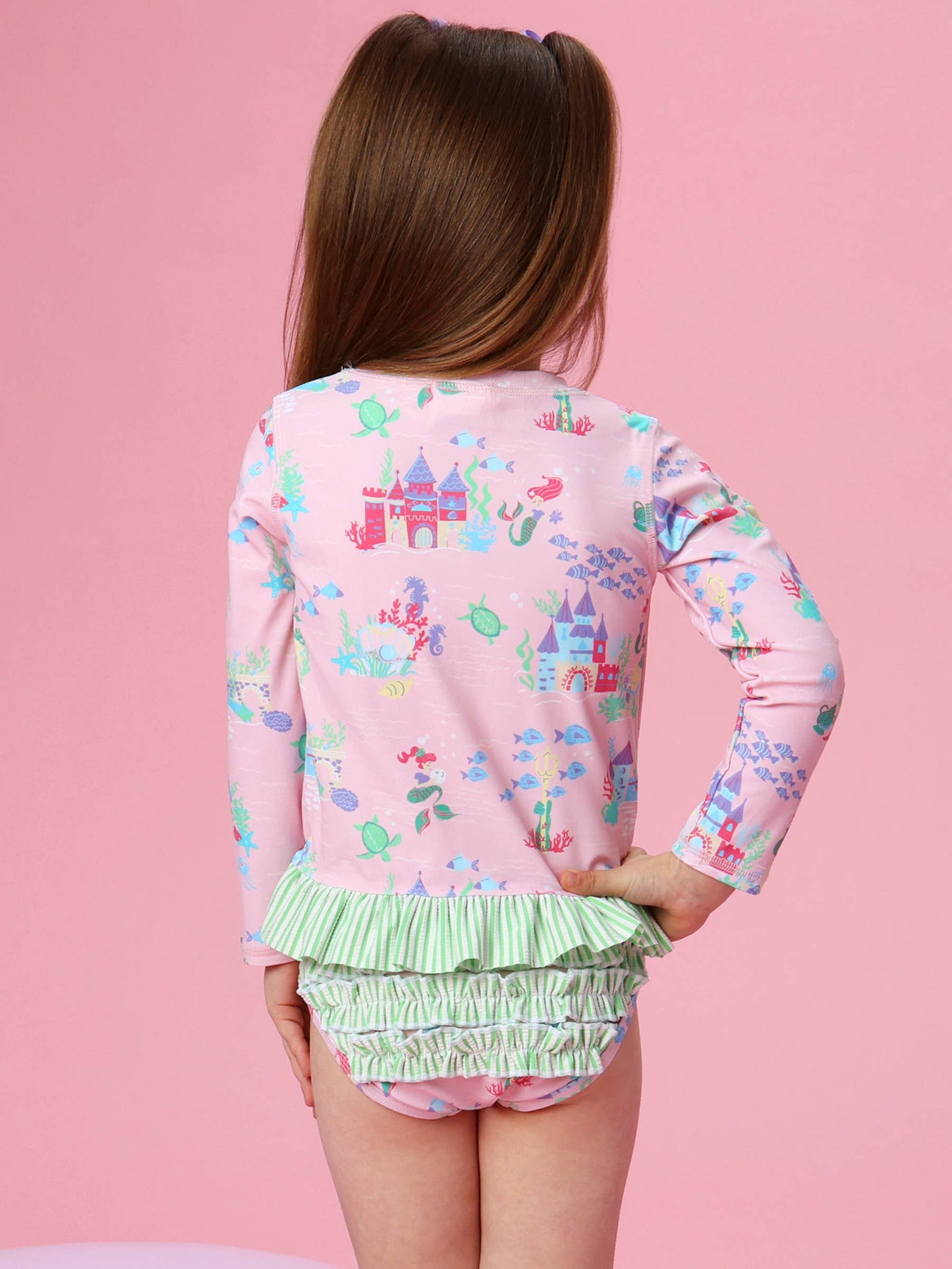 Girls Atlantis Mermaids Long Sleeve Rash Guard 2-Piece Swimsuit with Signature Rear Ruffles