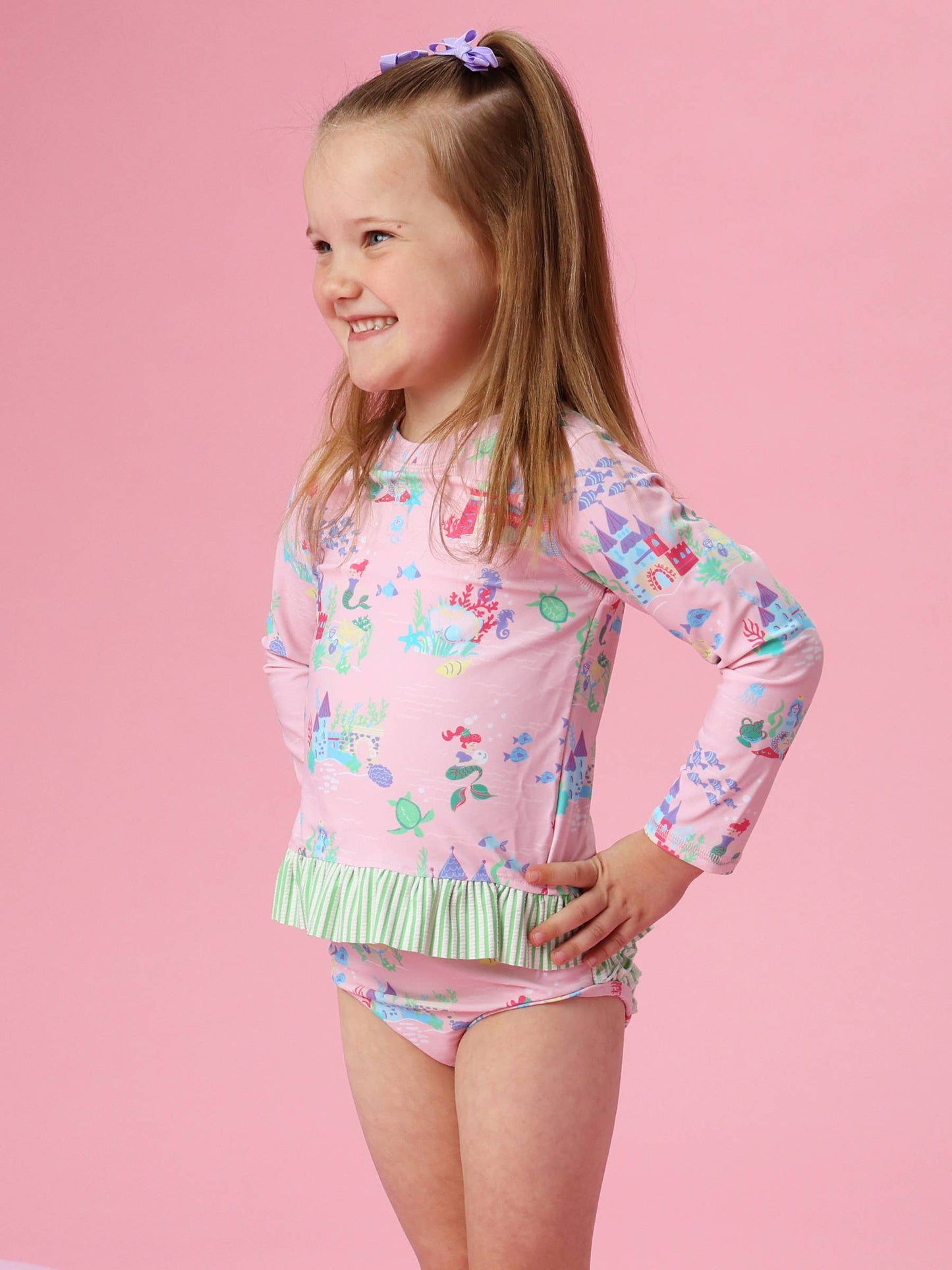 Girls Atlantis Mermaids Long Sleeve Rash Guard 2-Piece Swimsuit with Signature Rear Ruffles