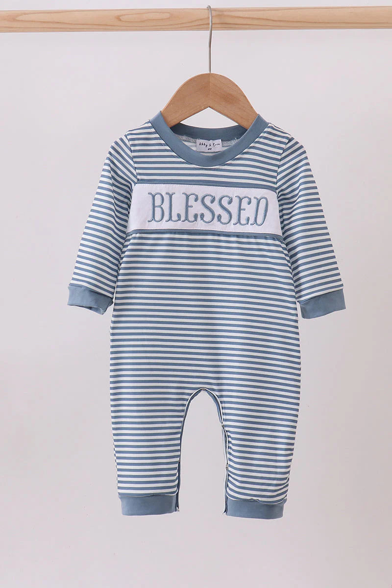 Blue Stripe Blessed Embroidery Romper