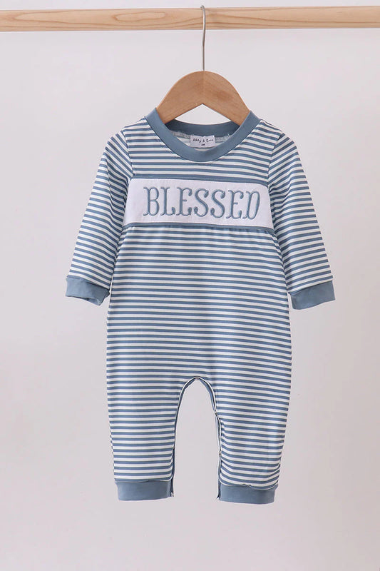 Blue Stripe Blessed Embroidery Romper