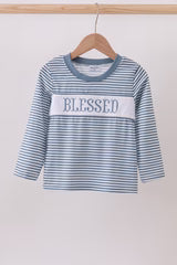 Blue Stripe Blessed Embroidery Top