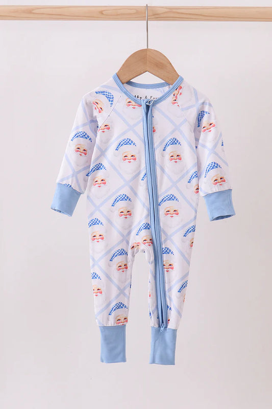 Blue Santa Claus Bamboo Zipper Romper