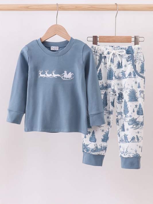 Blue Reindeer Embroidery Boys Pants Set
