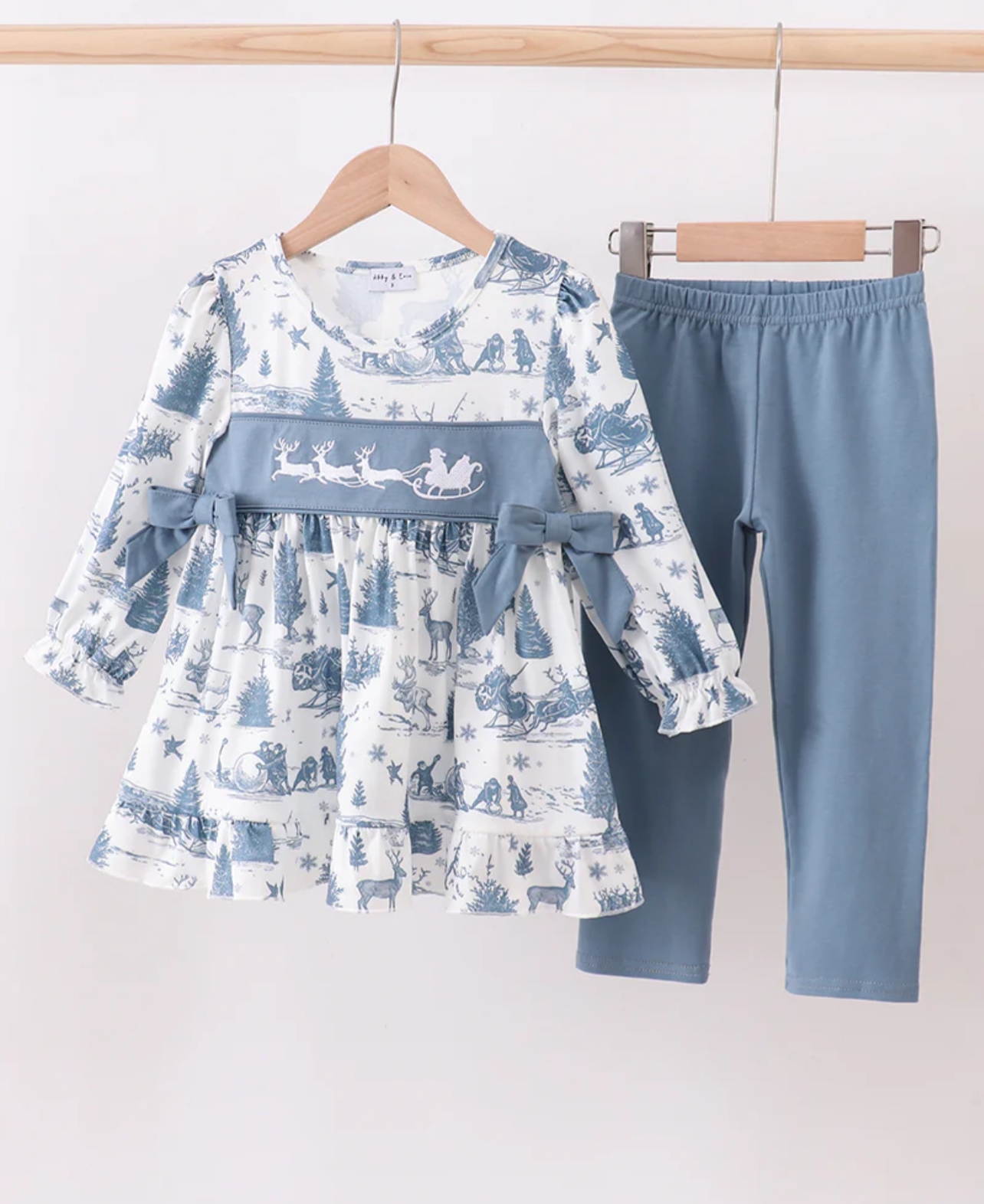Blue Reindeer Embroidery Girls Pants Set