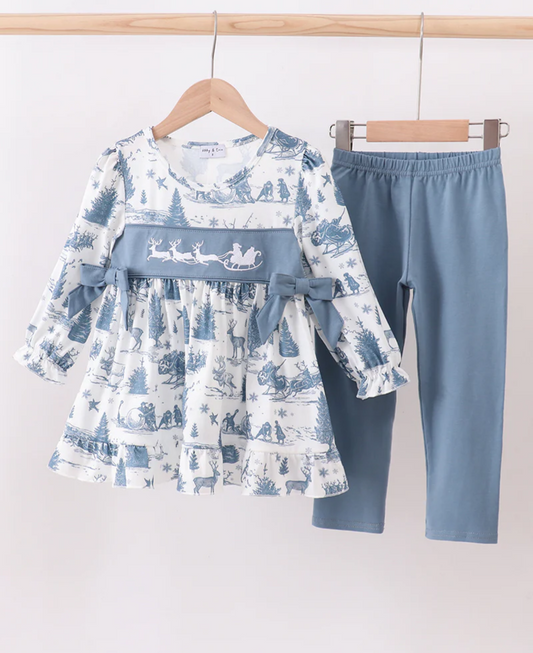 Blue Reindeer Embroidery Girls Pants Set