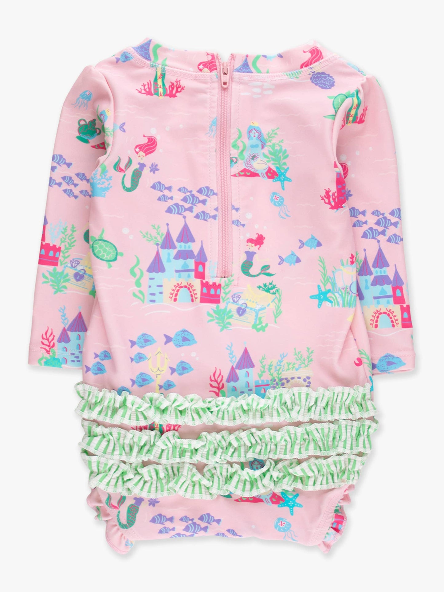 Baby Girls Atlantis Mermaids Long Sleeve One Piece Rash Guard Swimsuit with Signature Rear Ruffles