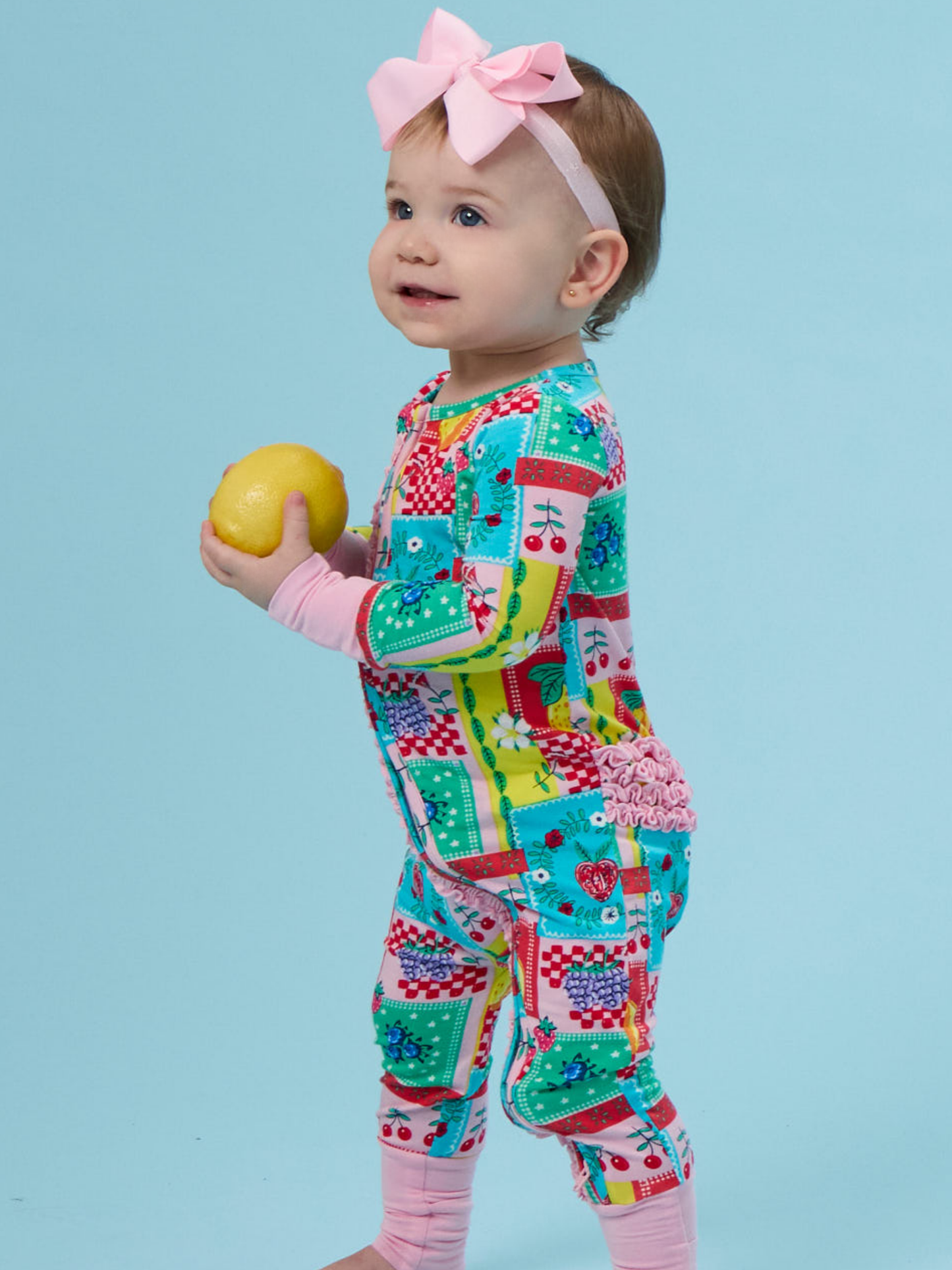 SoftSnooze™ Baby Girls Bamboo Viscose Picnic Party Patchwork Convertible Ruffle One Piece Footie Pajama