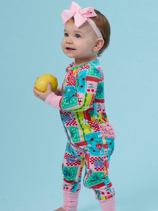 SoftSnooze™ Baby Girls Bamboo Viscose Picnic Party Patchwork Convertible Ruffle One Piece Footie Pajama