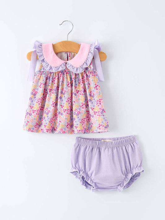 Purple Floral Bow Ruffle Bloomer Set