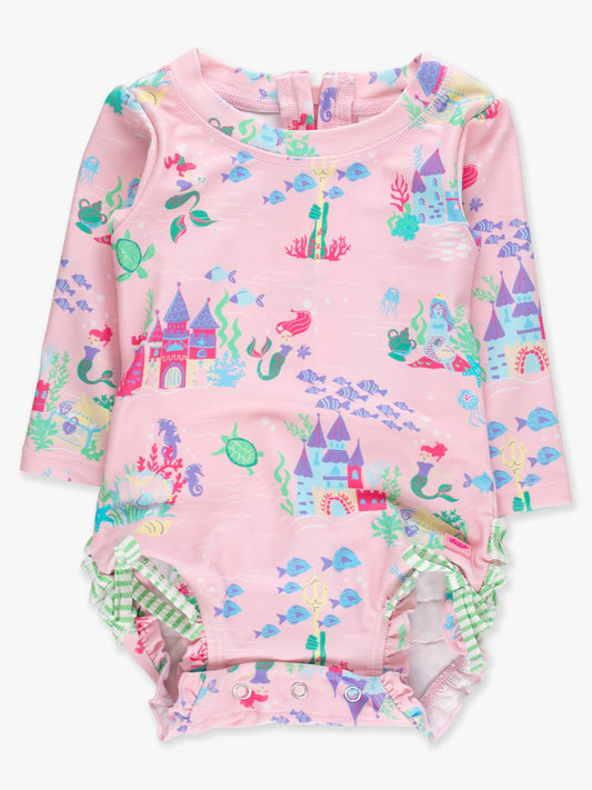 Baby Girls Atlantis Mermaids Long Sleeve One Piece Rash Guard Swimsuit with Signature Rear Ruffles