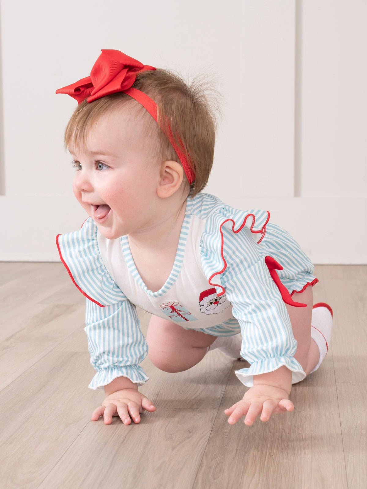 Blue Reindeer Santa Ruffle Bubble Romper