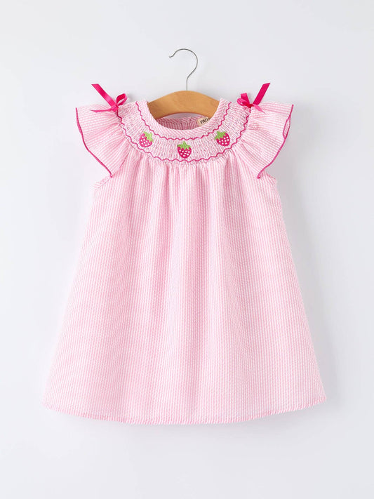 Strawberry Smocked Girl Dress Bow Ruffle