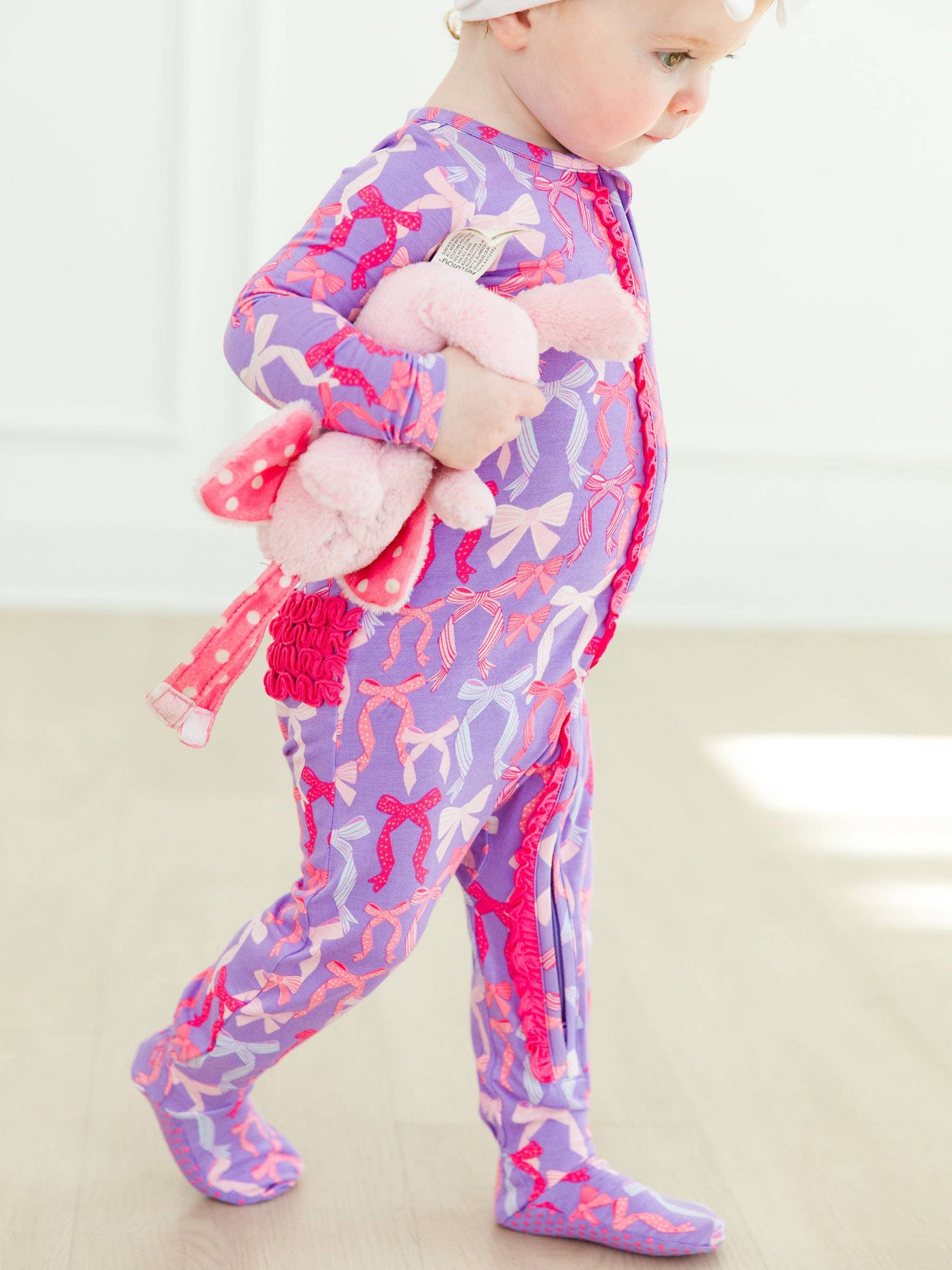 SoftSnooze™ Baby Girls Bamboo Viscose Rosy Ribbons Footed Ruffle One Piece Pajama