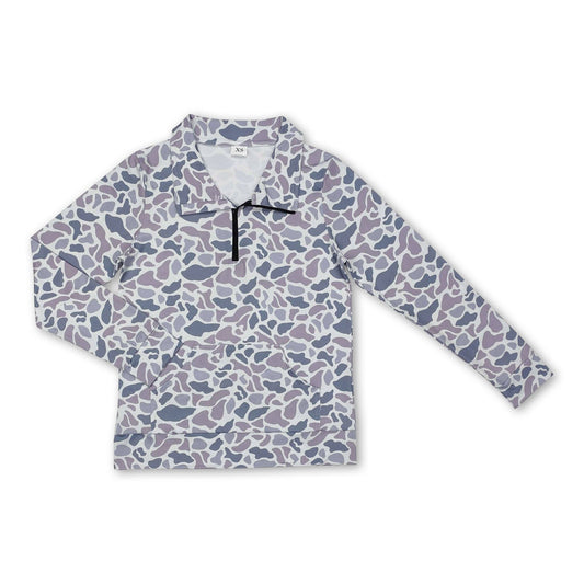 Grey camo pocket adult zipper pullover