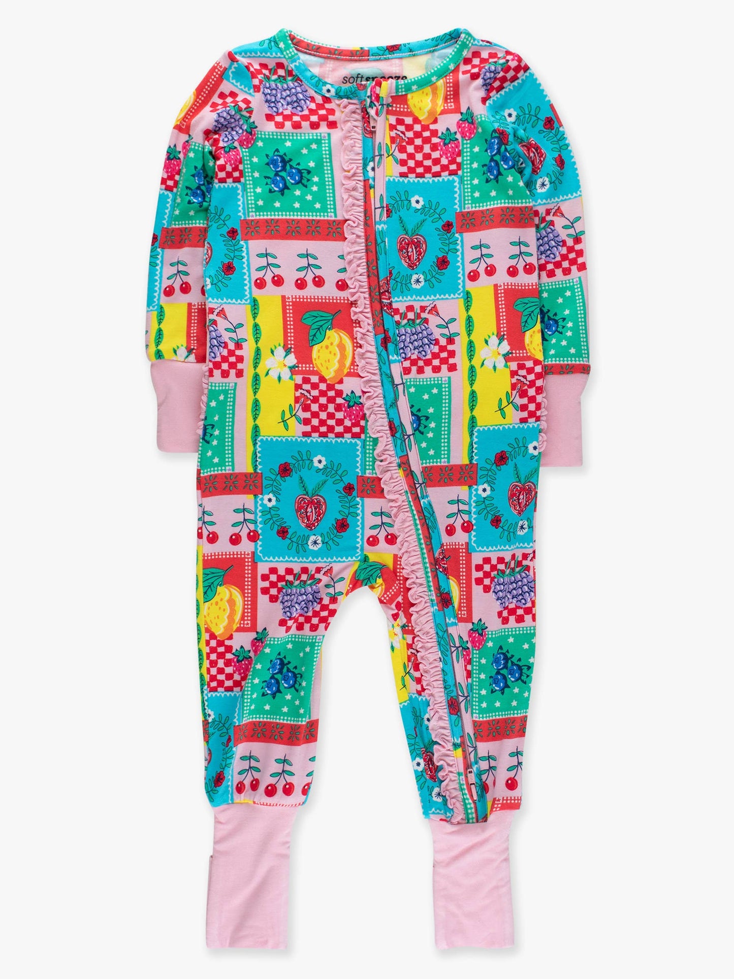 SoftSnooze™ Baby Girls Bamboo Viscose Picnic Party Patchwork Convertible Ruffle One Piece Footie Pajama