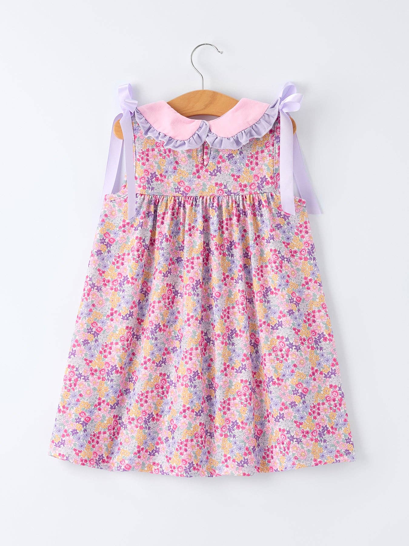 Purple Floral Bow Ruffle Dress